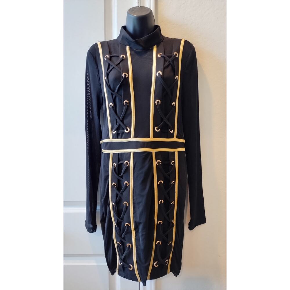 Long Sleeve Lace Up Detail Black Dress size Large NWT